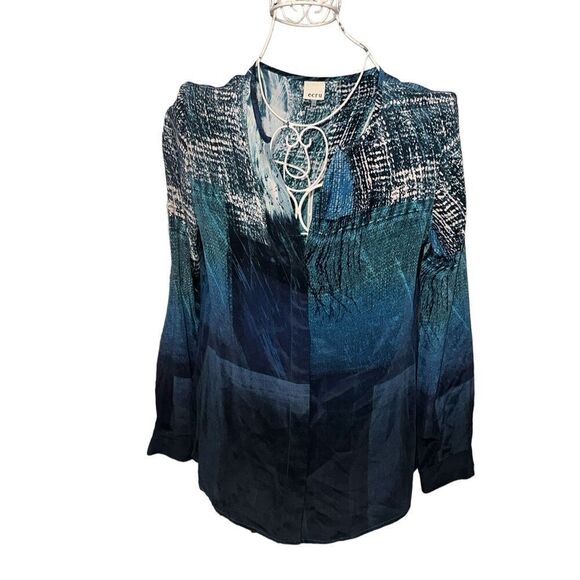 GREAT CONDITION Ecru Silk ECRU Women's Turquoise Button Down Shirt blouse top SI - Picture 1 of 12